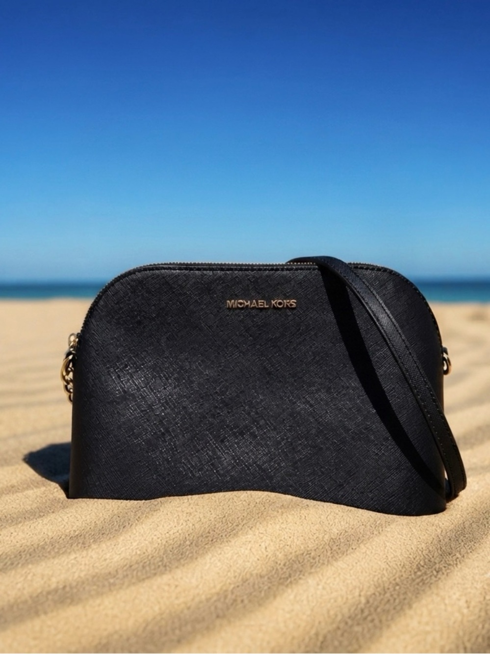 Michael Kors Black Saffiano Dome Crossbody with Gold Logo
